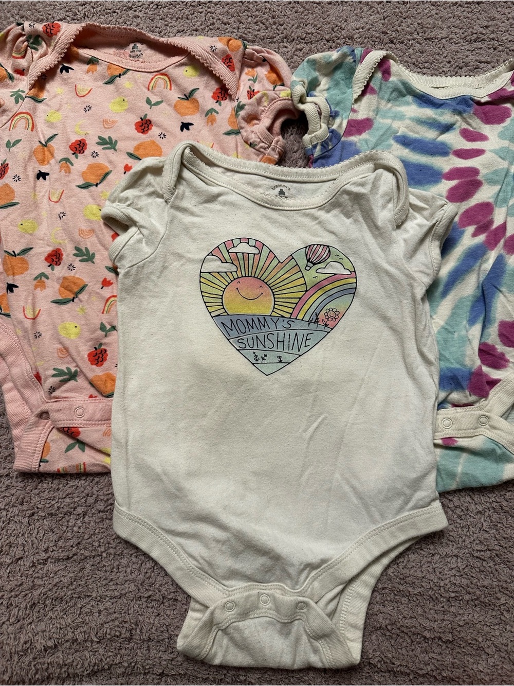 🌈 Baby Gap Favorite Bodysuits 12-18M 3 Pack Fruit Tie Dye Sunshine